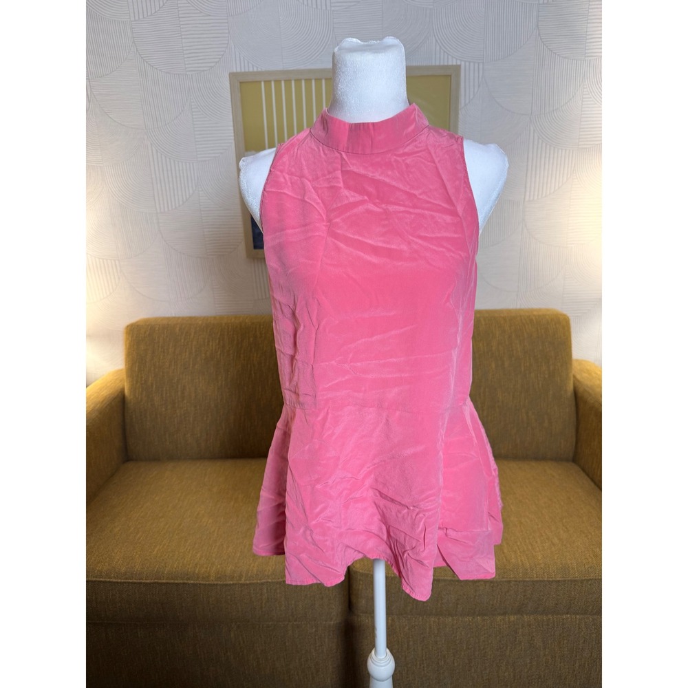 Antonio Melani Women Pink 100% Silk High Mock Neck Peplum Sleeveless Top Medium